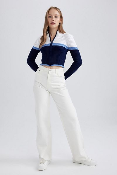 DeFacto Coool Half Turtleneck - Zippered Striped Crop Knitwear Cardigan A3646Axns