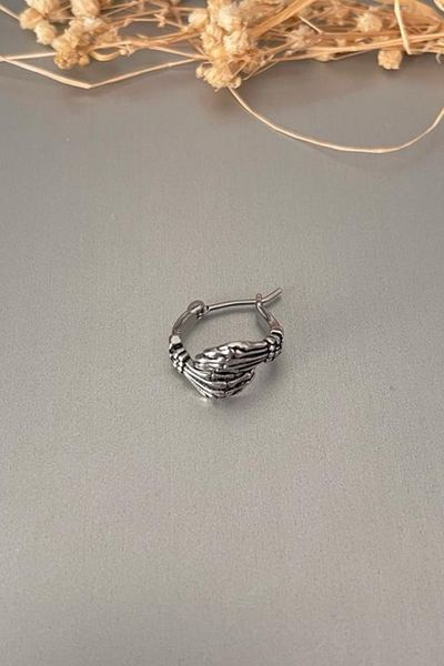 Jaida Moda Unisex Silver Skeleton Hand Figure Gothic Steel Hoop Earrings