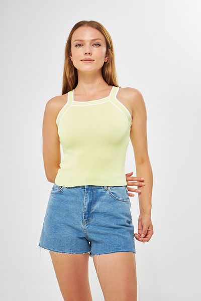 comstar Yellow Square Neck Thick Straps Knitwear Blouse, Women's Bustier, Women's Crop Top, Women's Strappy Blouse