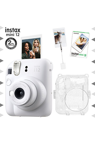 Fujifilm Instax mini 12 Beyaz Fotoğraf Makinesi-10'lu Film-Kıskaçlı Resim Standı ve Simli Pleksi Kılıf Seti