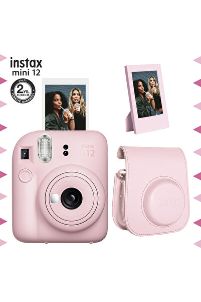 Fujifilm Instax mini 12 Pembe Fotoğraf Makinesi-Çerçeve ve Deri Kılıf Seti