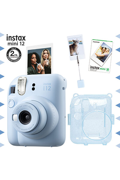 Fujifilm Instax mini 12 Mavi Fotoğraf Makinesi-10'lu Film-Kıskaçlı Resim Standı ve Simli Pleksi Kılıf Seti