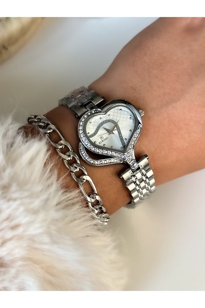 Reward Brand Heart Model Steel Strap and Stone Silver Color Women's Wristwatch i+ Bracelet