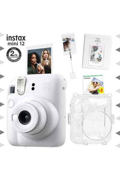 Fujifilm Instax mini 12 Beyaz Fotoğraf Makinesi-20'li Film-Kıskaçlı Stand-PVC Albüm ve Simli Pleksi Kılıf Set