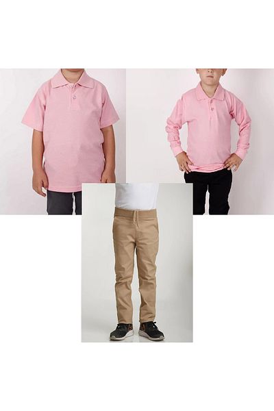 FATELLA Unisex children's school ribbed waist trousers - pink short sleeve long sleeve Polo collar t-shirt 3 piece set