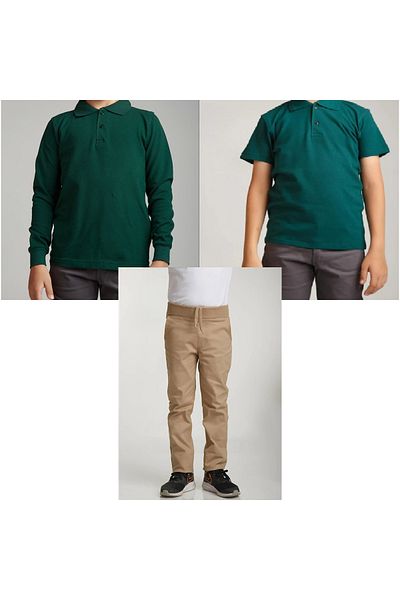 FATELLA Unisex Children's School Rib Waist Pants and Polo Neck T-Shirt - Dark Green, Short and Long Sleeve, Three-Piece Set
