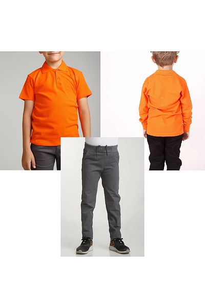 FATELLA Unisex children's school ribbed waist trousers - orange short sleeve long sleeve Polo collar T-shirt 3 piece set