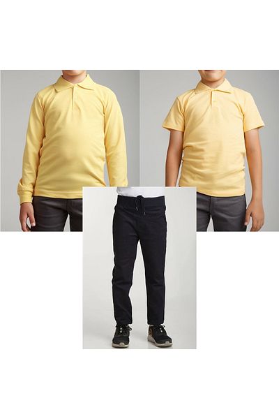 FATELLA Unisex children's school ribbed waist trousers - yellow short sleeve long sleeve Polo collar t-shirt 3 piece set