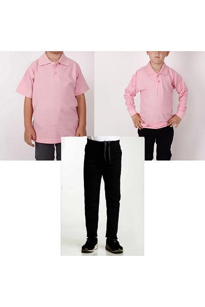 FATELLA Unisex children's school ribbed waist trousers - pink short sleeve long sleeve Polo collar t-shirt 3 piece set