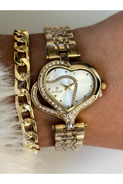 Reward Brand Heart Model Steel Strap Stone Gold Yellow Color Women's Wristwatch i+ Bracelet