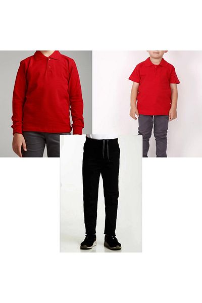 FATELLA Unisex children's school ribbed waist trousers - red short sleeve long sleeve Polo collar T-shirt 3 piece set