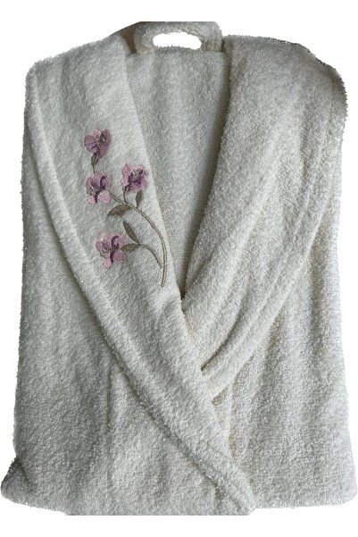 MY FLOWERS %100 Pamuk 2 Parça Krem Tek Kişilik Nakış Detaylı Bornoz Seti