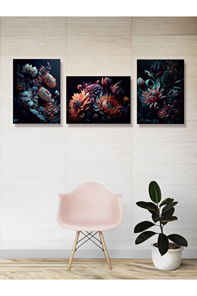 YALOVA SHOP Dekoratif Karanlığa Doğan Çiçekler 3 lü Tablo Seti Gothic Sanat Tarzı