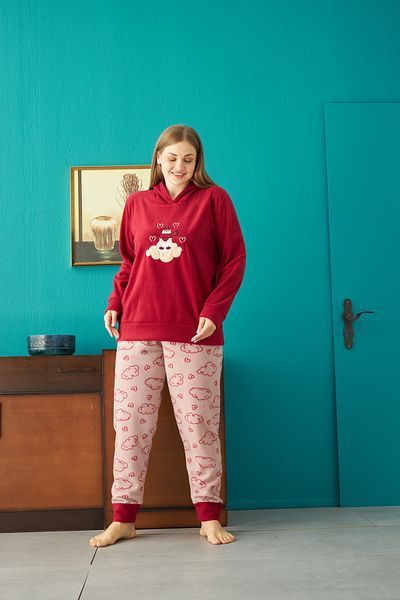 Siyah İnci Bottom-Top Fleece Hooded Embroidered Curve Plus Size Battal Pajama Set