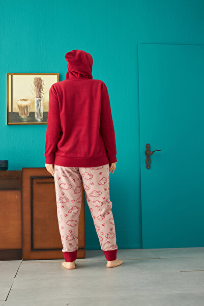 Siyah İnci Bottom-Top Fleece Hooded Embroidered Curve Plus Size Battal Pajama Set