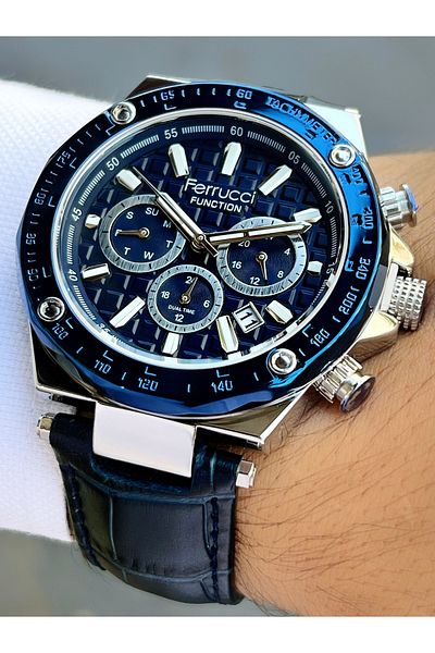 Ferrucci Function Function Dark Blue Color 3 Atm Waterproof Leather Cord Men's Wristwatch