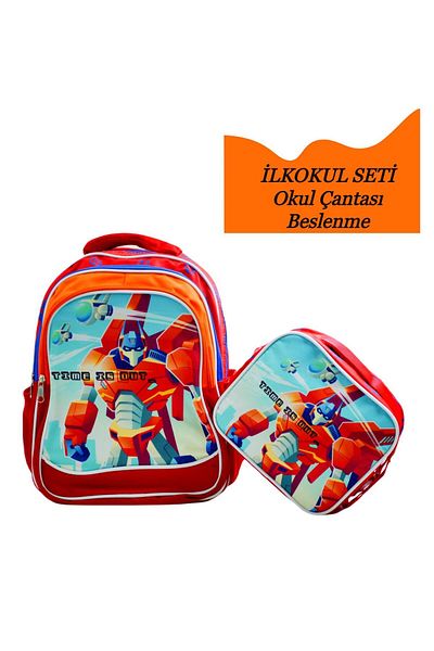 Sentor 3 Compartment Primary School School Backpack And Lunch Box Robot Red-Orange