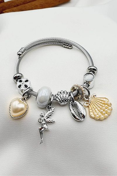 The Collection Tarnish Resistant White Seashell Charm Style Steel Bracelet