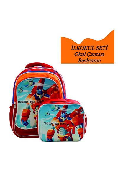 Sentor 3 Compartment Primary School School Backpack And Lunch Box Robot Red-Orange