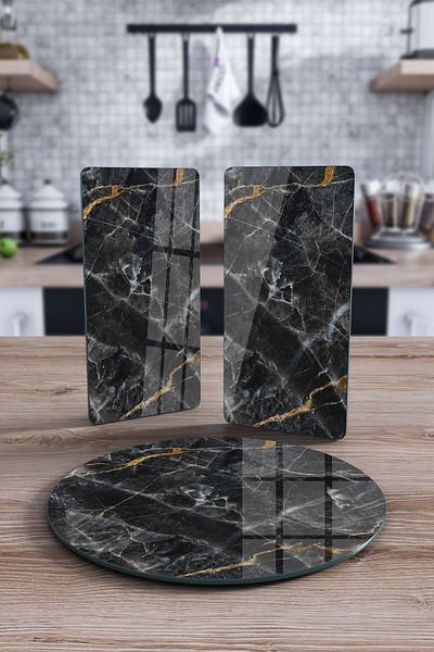 Decovetro Round Set of 3 Black Marble Patterned Glass Presentation Serving Plate