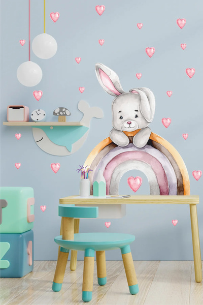 PANDA SOKAĞI Sevimli Tavşan Ve Renkli Gökkuşağı Pembe Kalpler Çocuk Bebek Oda...