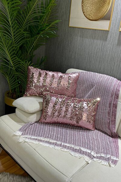 Paris Life Pullu Payetli Çift Yönlü Dikdörtgen Kırlent Kılıfı - Pembe Gold