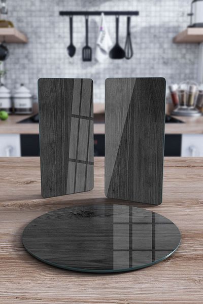Decovetro Round Set of 3 Black Wooden Patterned Glass Presentation Serving Plate