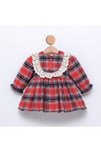 COLORED BABY Kız Bebek Fisto Yaka Detaylı Astarlı Kırmızı Elbise