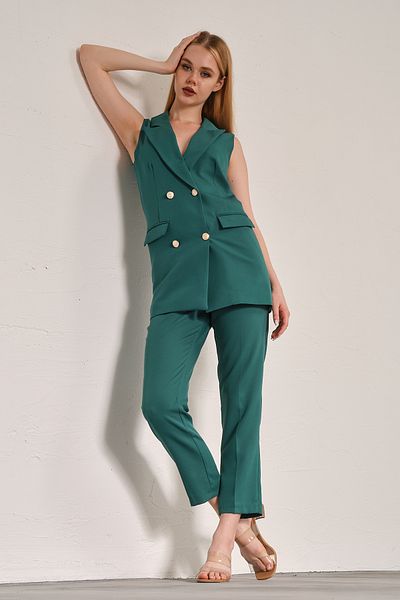 diaves Green Blazer Vest Pipe Leg Trousers Atlas Fabric Suit