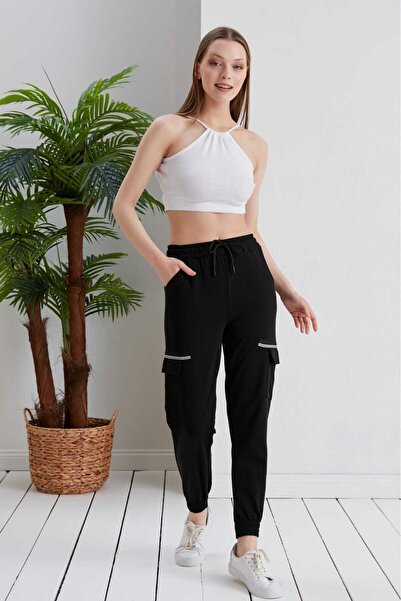 kemmy بنطال رياضي أسود مزين بجيب الشحن