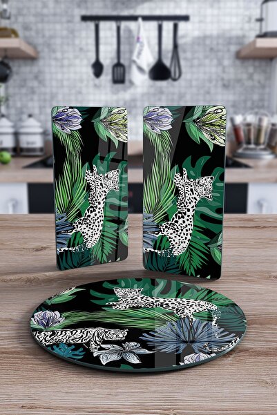 Decovetro Cam Sunum Servis Tabağı 3'lü Yuvarlak Set Vintage Leopar Desenli