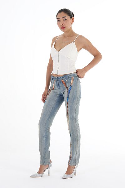 Balizza BLZ-SNAKE LEATHER PATTERN DETAILED POCKETS TRIANGLE DESIGN JEANS