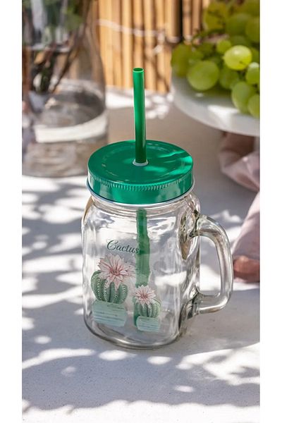 LC Waikiki Lcw Home Cactus Printed Glass Cup with Lid and Straw 450 ml