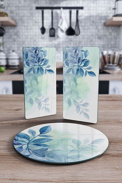 Decovetro Blue Floral Patterned 3-Piece Round Plate Set - Water Color