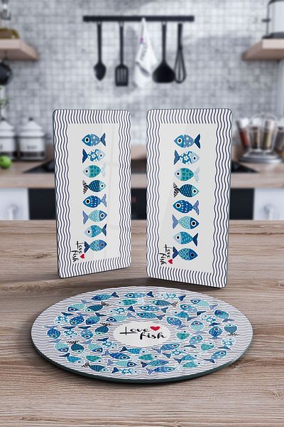 Decovetro 3-Piece Round Set Glass Presentation Service - Marine Cute Fish