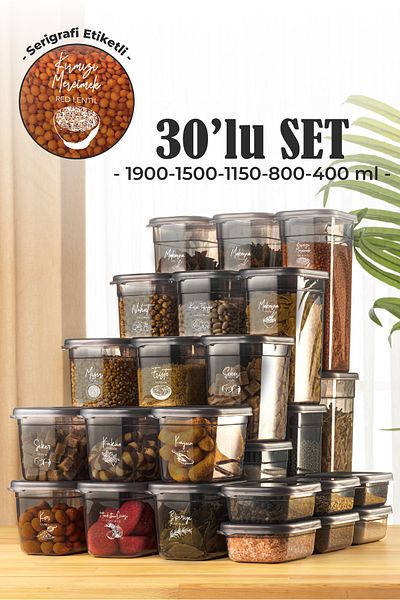 Vienev Set of 30 Peggy Rectangular Storage Containers 6X(1.9 1.5 1.15 0.8 0.4 Liter) with Screen Printing Label