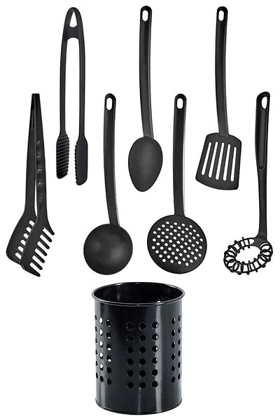 Selenica 8-Piece Black Luxury Fireproof Non-Stick Teflon Coated Serving Set Ladle Spoon Colander Spatula Tongs Whisk
