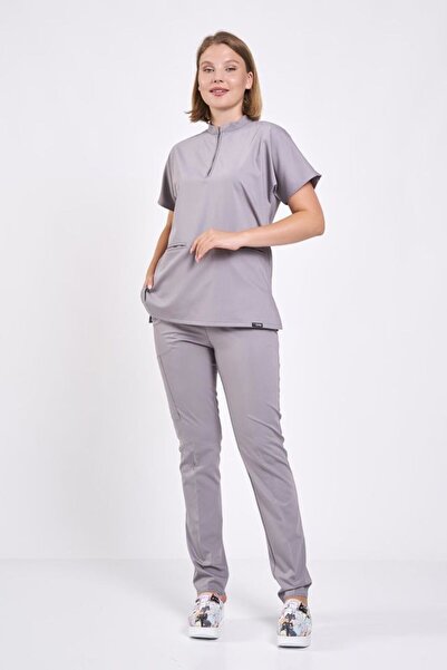 Owlet Medikal Λικράι Smoke Grey Scrubs με λεπτομέρεια με φερμουάρ