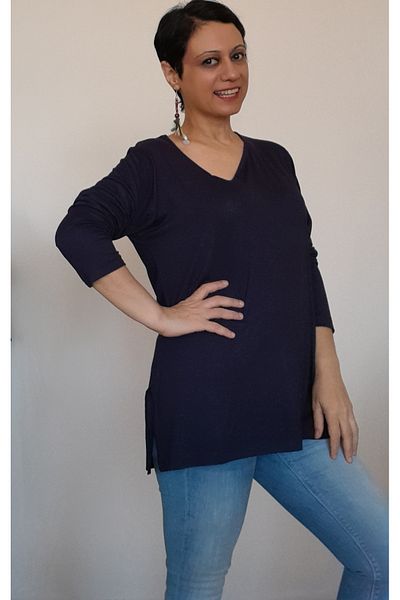 Mertcan Butik Navy blue side V-neck combed cotton viscose long-sleeved T-shirt
