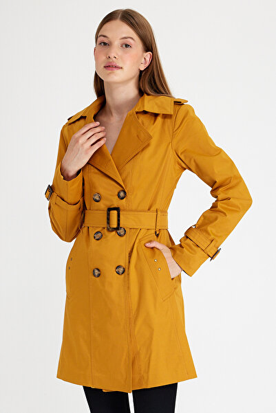 Sporting Women's Saffron Yellow Coated Lined Waterproof Belted Trench Coat