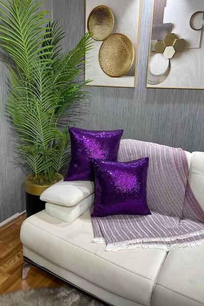 Paris Life Pullu Payetli Kare Kırlent Kılıfı - Mor