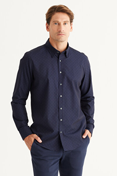 ALTINYILDIZ CLASSICS Erkek Lacivert Slim Fit Dar Kesim Gizli Düğme Yaka %100 Pamuk Gömlek