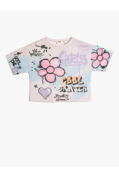 Koton Girl's Oversize T-Shirt - Tie-Dye Pattern and Graffiti Print