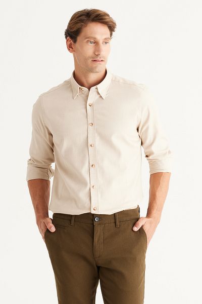 ALTINYILDIZ CLASSICS Men's Beige Slim Fit Narrow Cut Hidden Button Collar 100% Cotton Shirt