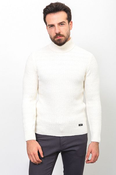 Mcr Knit Pattern Ecru Color Slim Fit Full Turtleneck Wool Men's Sweater