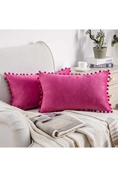 Bc Home 2'li Fuşya Minik Ponponlu Kırlent Kılıfı Kadife Görünümlü Sade ,2 Ade...