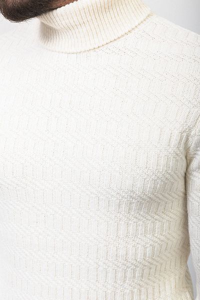 Mcr Knit Pattern Ecru Color Slim Fit Full Turtleneck Wool Men's Sweater