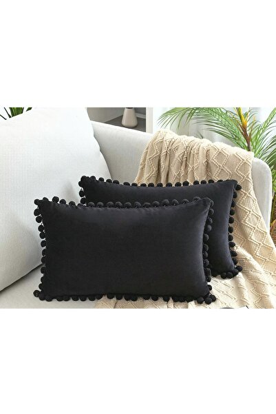 Bc Home 2'li Siyah Minik Ponponlu Kırlent Kılıfı Kadife Görünümlü 2 Adet 30 X...