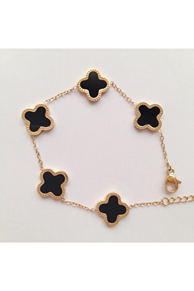 nilüfer takı tasarım siyah Sedef Taşlı Yonca Gold Çelik Bileklik