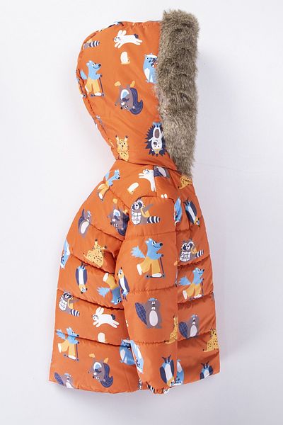PODİUM GİYİM Trendy Cute Raccoon & Mole Figured Winter Gilded-Fur Hooded Winter Coat